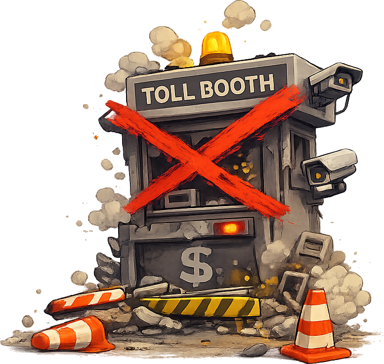 The toll booth, crossed-out and crumbling