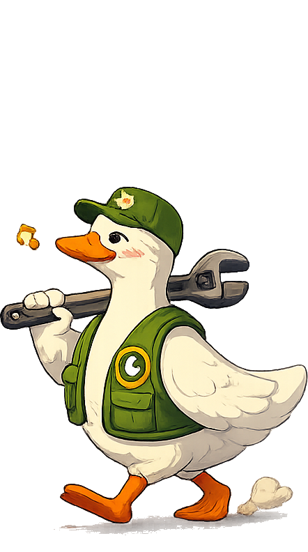 The warden goose strolling away with a wrench over its shoulder, whistling