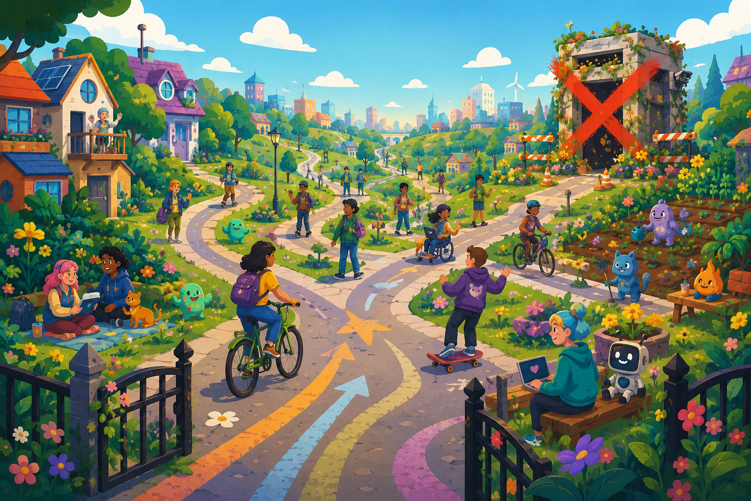 A colourful public road winding through a friendly neighbourhood — people, cyclists, students and cute internet creatures sharing the space, an open gate, forking paths, and a vine-covered toll booth crossed out in the distance